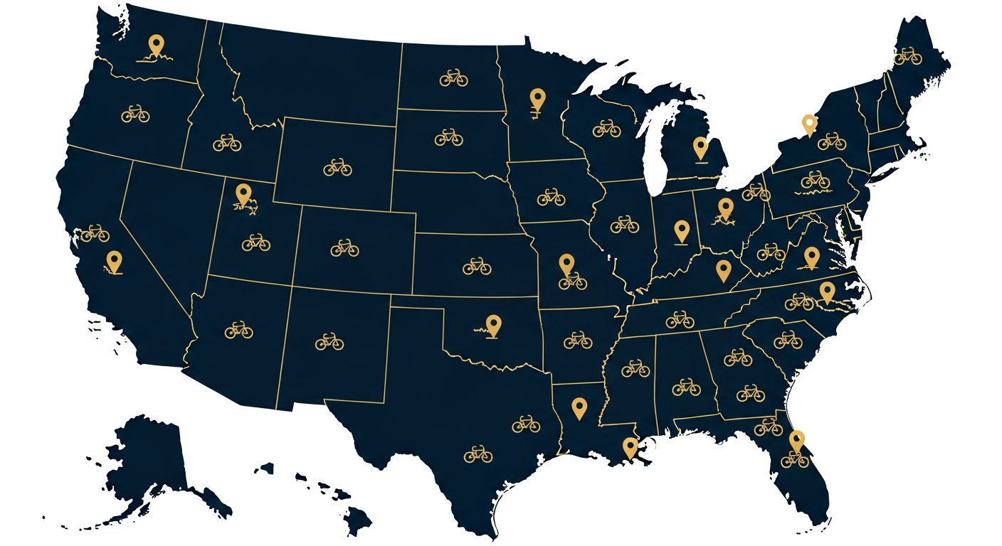 US map with electric bike dealer pins