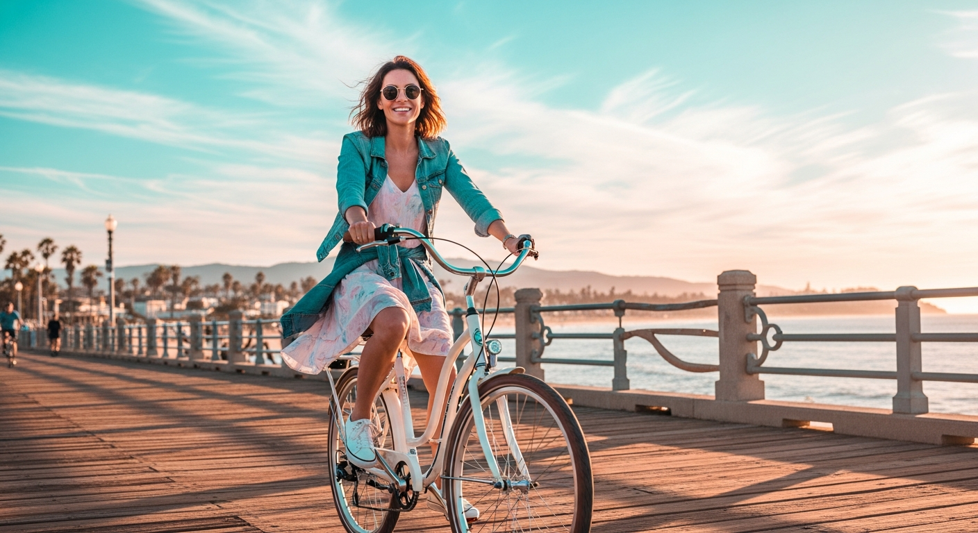 Woman riding a step-through e-bike along a sunlit coastal boardwalk