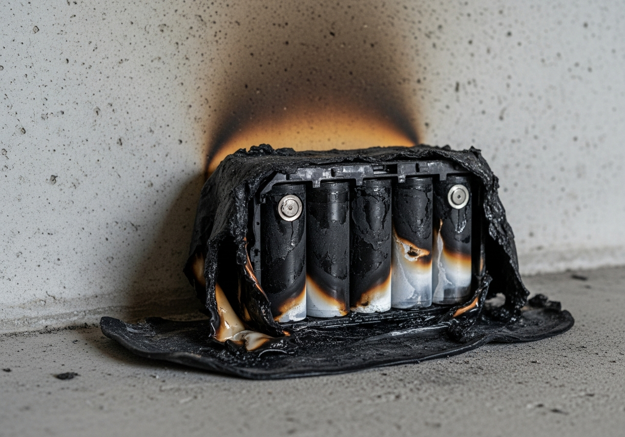 Aftermath of a lithium-ion e-bike battery fire in a residential garage. The melted casing is one of the first things forensic investigators photograph.