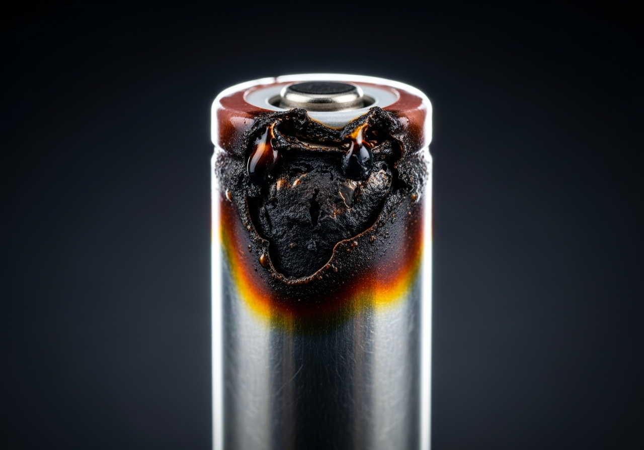 A single failed 18650 cell with a ruptured top vent. One cell going into thermal runaway can cascade through the entire pack in under a minute.