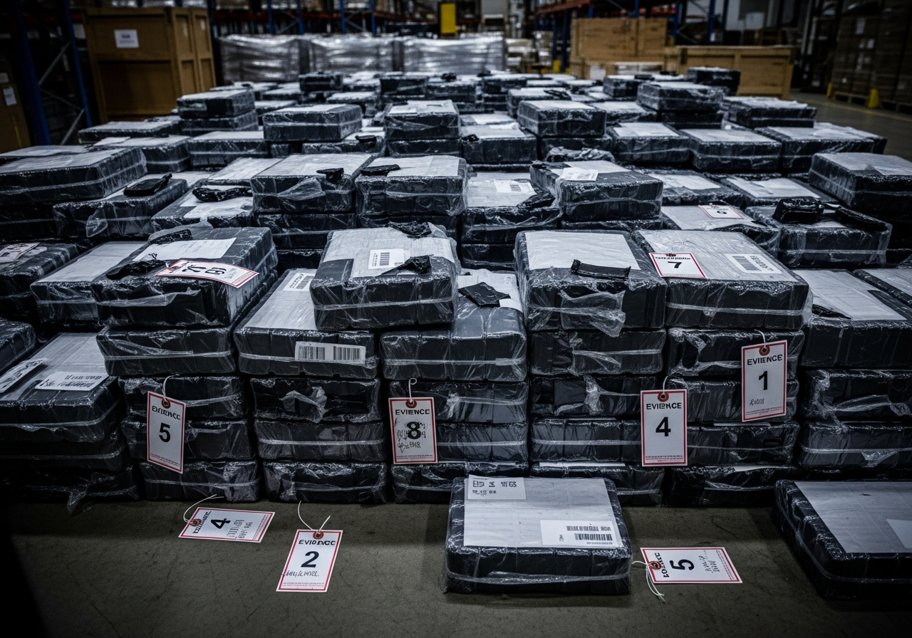Seized counterfeit lithium-ion packs at a customs warehouse. Almost all enter the US as 'spare parts' or 'electronic accessories' to dodge battery import rules.