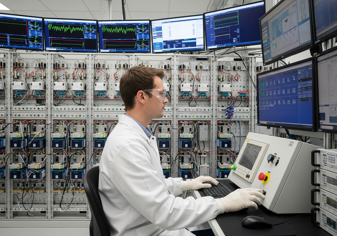 Battery cycler test rigs in a certification lab. UL 2271 is the cell standard; UL 2849 is the full-system standard. Both are required for genuine safety.