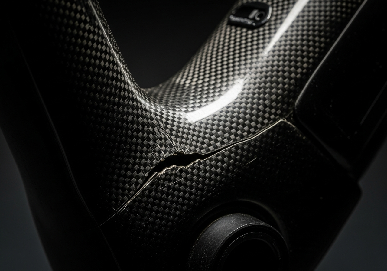 Frame fracture at the bottom-bracket junction. Carbon-fiber failures often appear as hairline cracks that propagate without warning under repeated load.