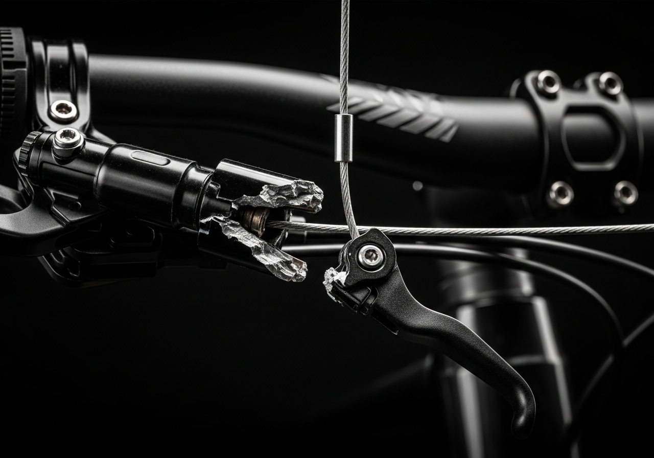 Brake-lever failure under load. Hydraulic lever assemblies are a recurring failure mode on low-cost direct-to-consumer e-bikes.