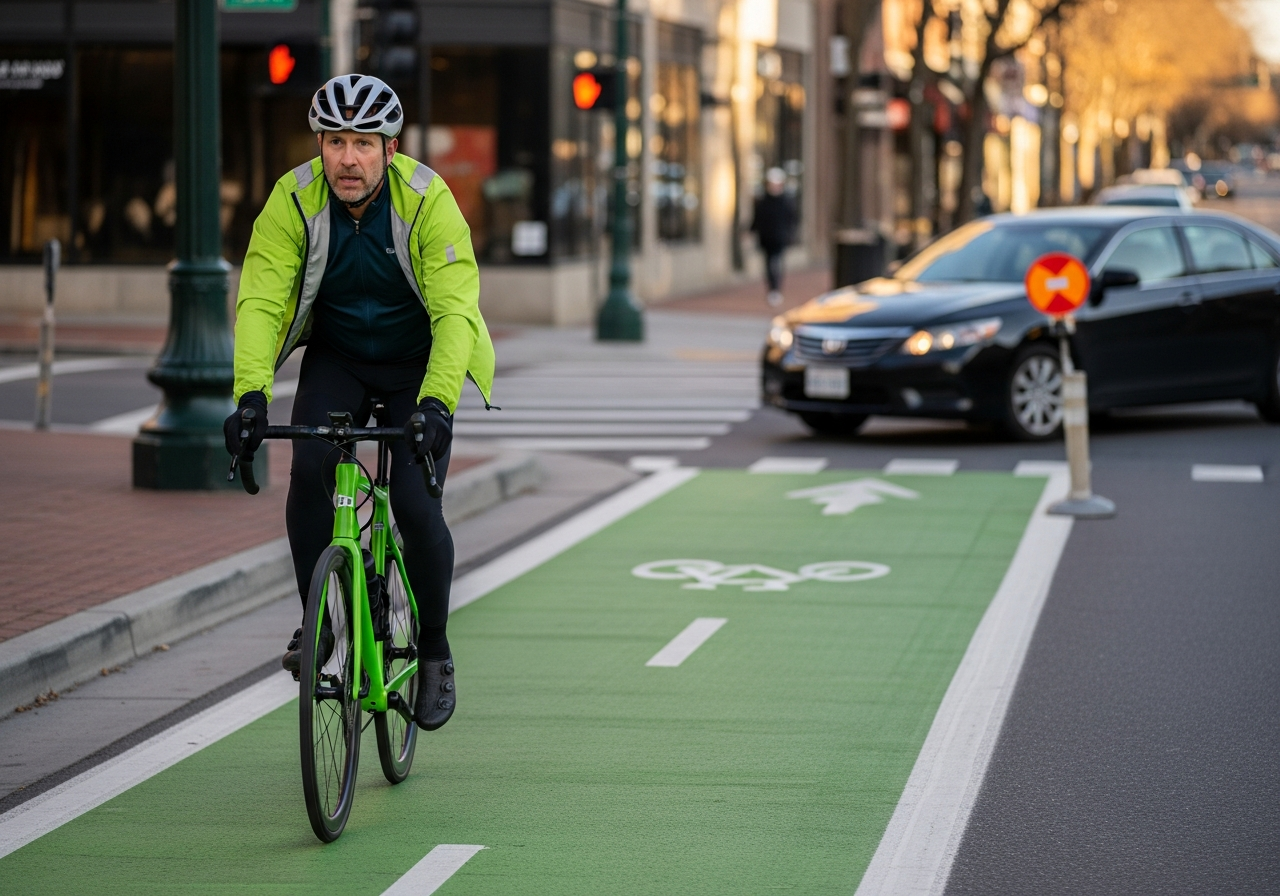 Right-hook collisions — a vehicle turning right across a protected bike lane — are the single most common urban e-bike collision pattern.