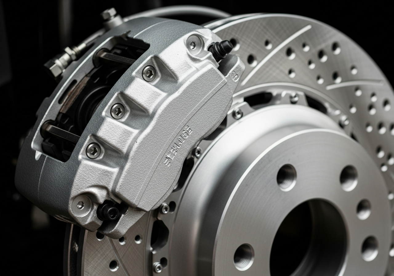 Macro of a four-piston hydraulic brake caliper and vented rotor