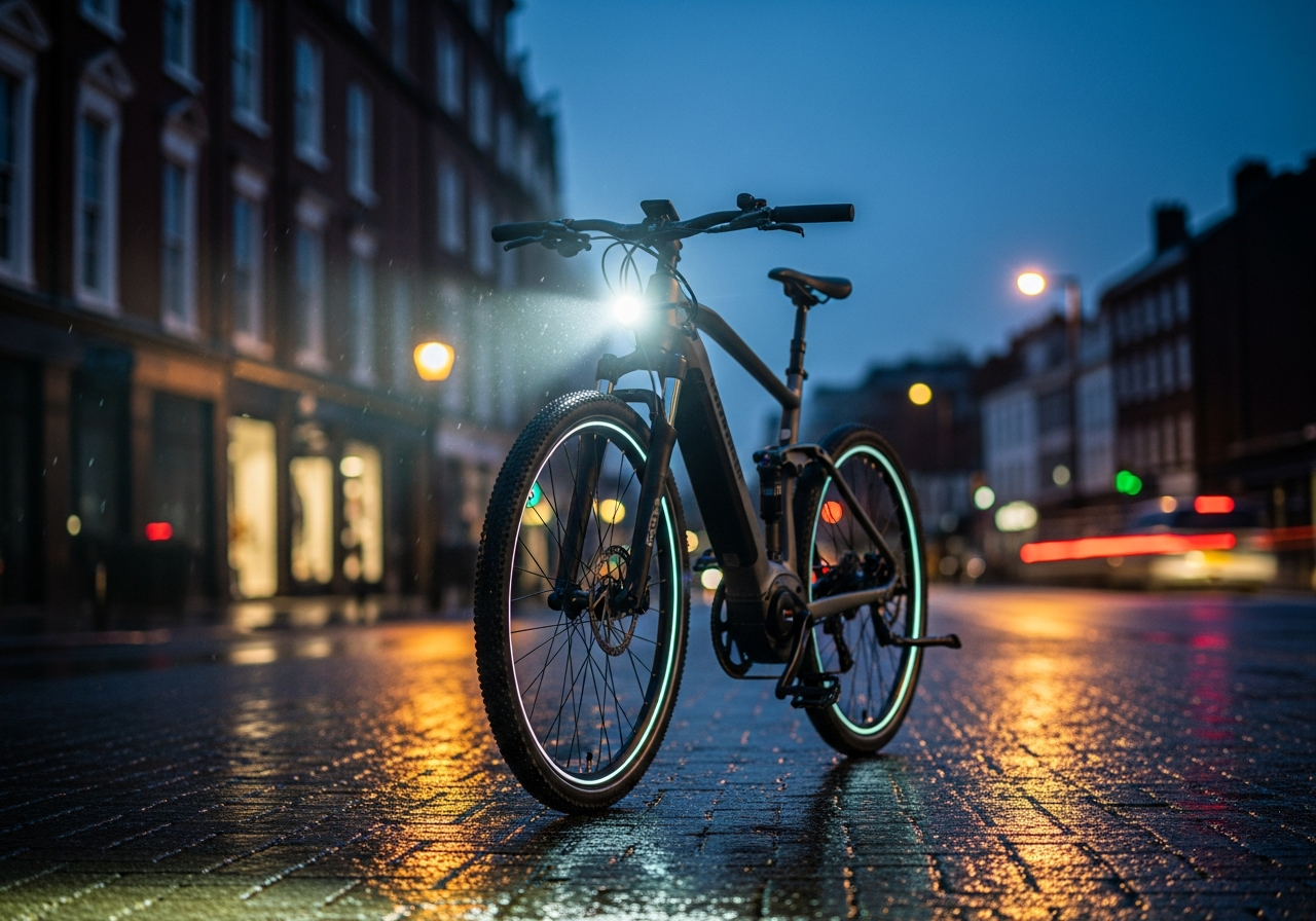 An electric bike with a bright integrated LED headlight at dusk