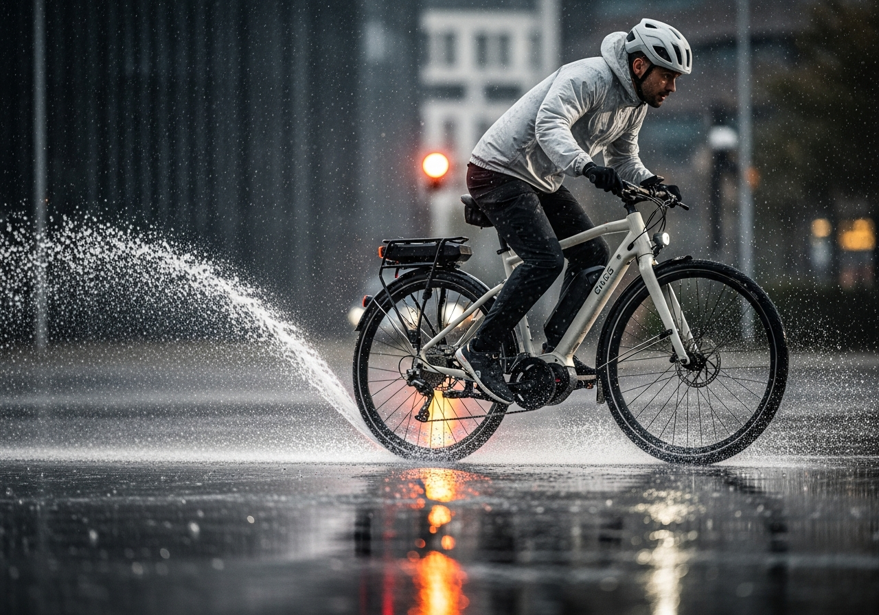 A cyclist braking on a wet street on an electric bike