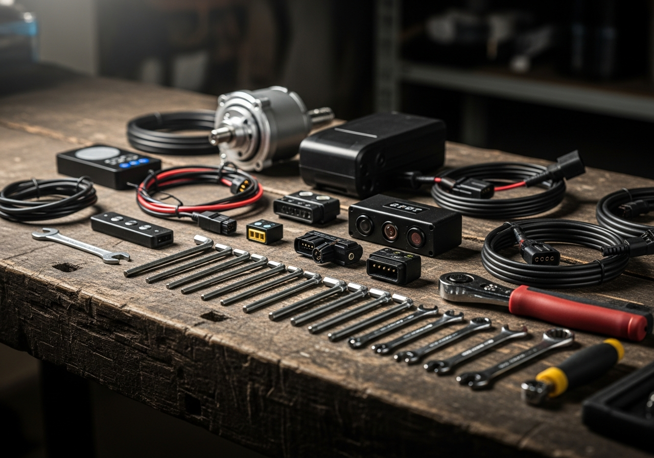 Electric bike components and tools laid out on a workshop bench