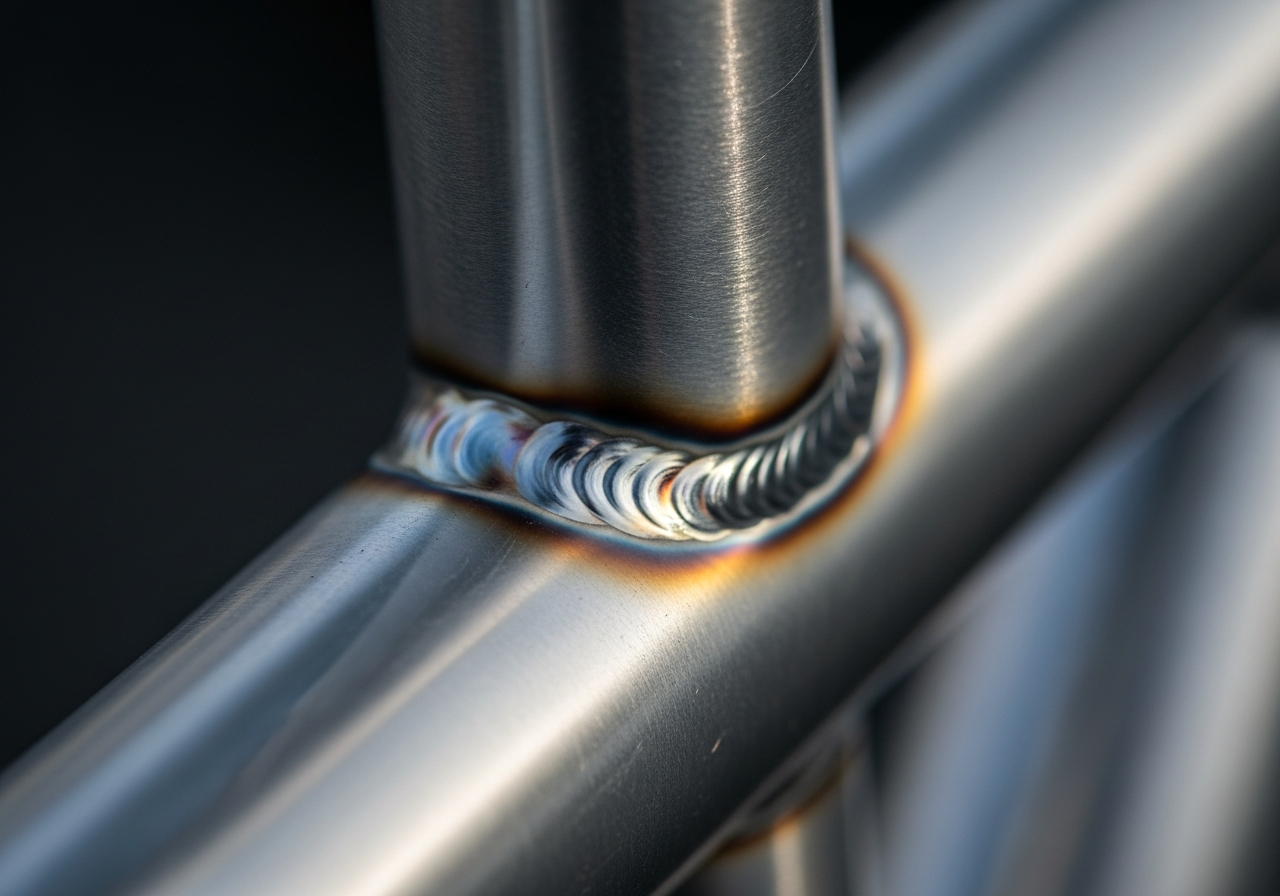 Close-up of a welded aluminum electric bike frame joint