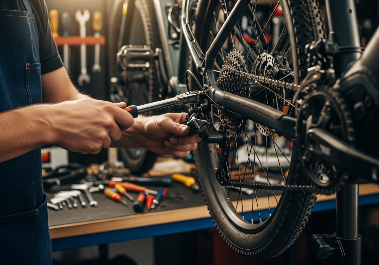 A bike mechanic working on the drivetrain of an electric bike