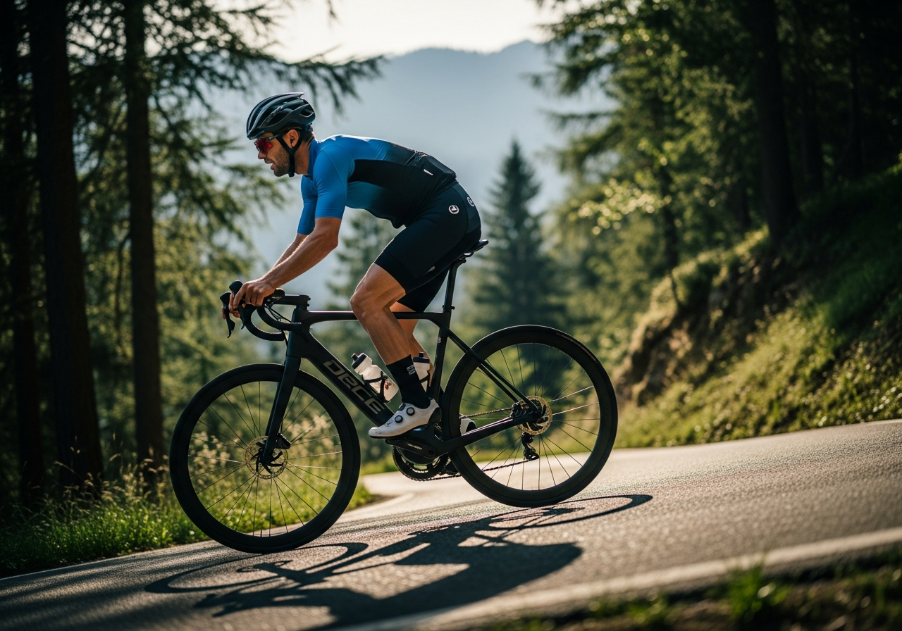 A cyclist climbing a steep road on an electric bike
