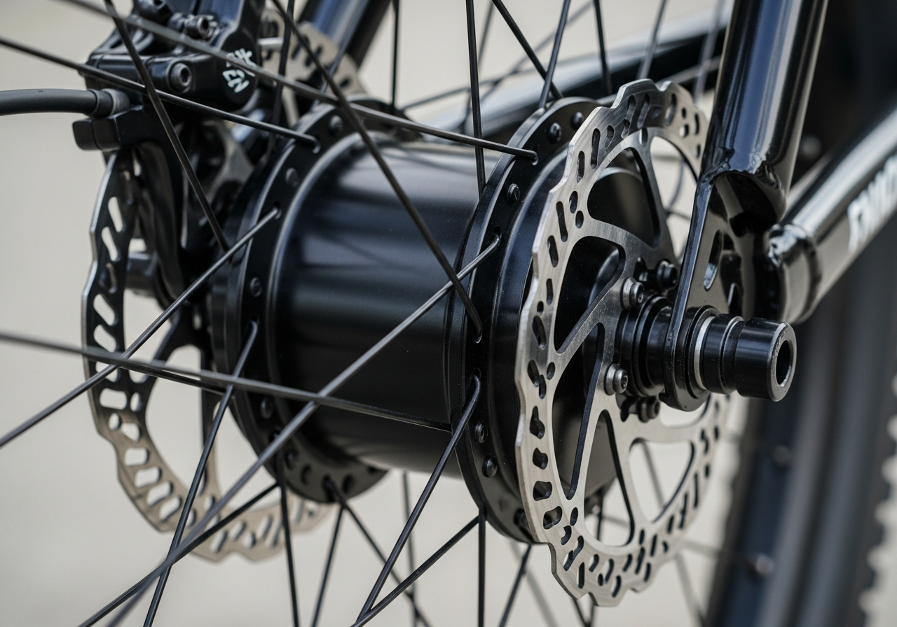 Close-up of a rear hub motor on an electric bike wheel