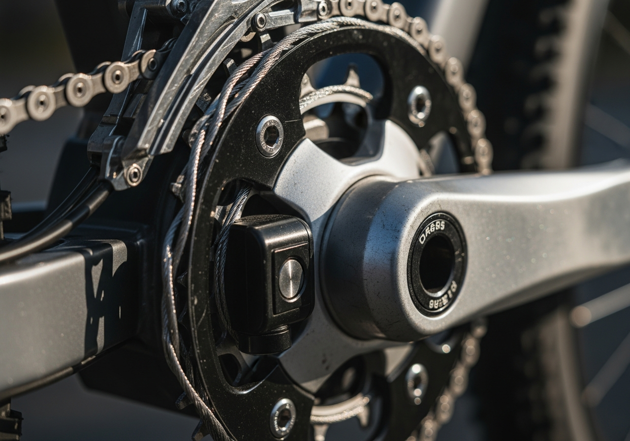 Macro detail of an e-bike crankset and torque sensor at the bottom bracket