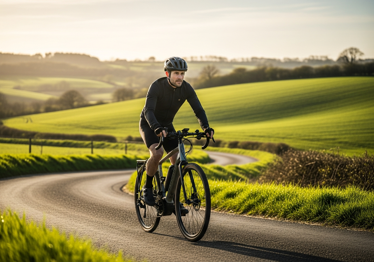 A cyclist on a long countryside ride on an electric bike