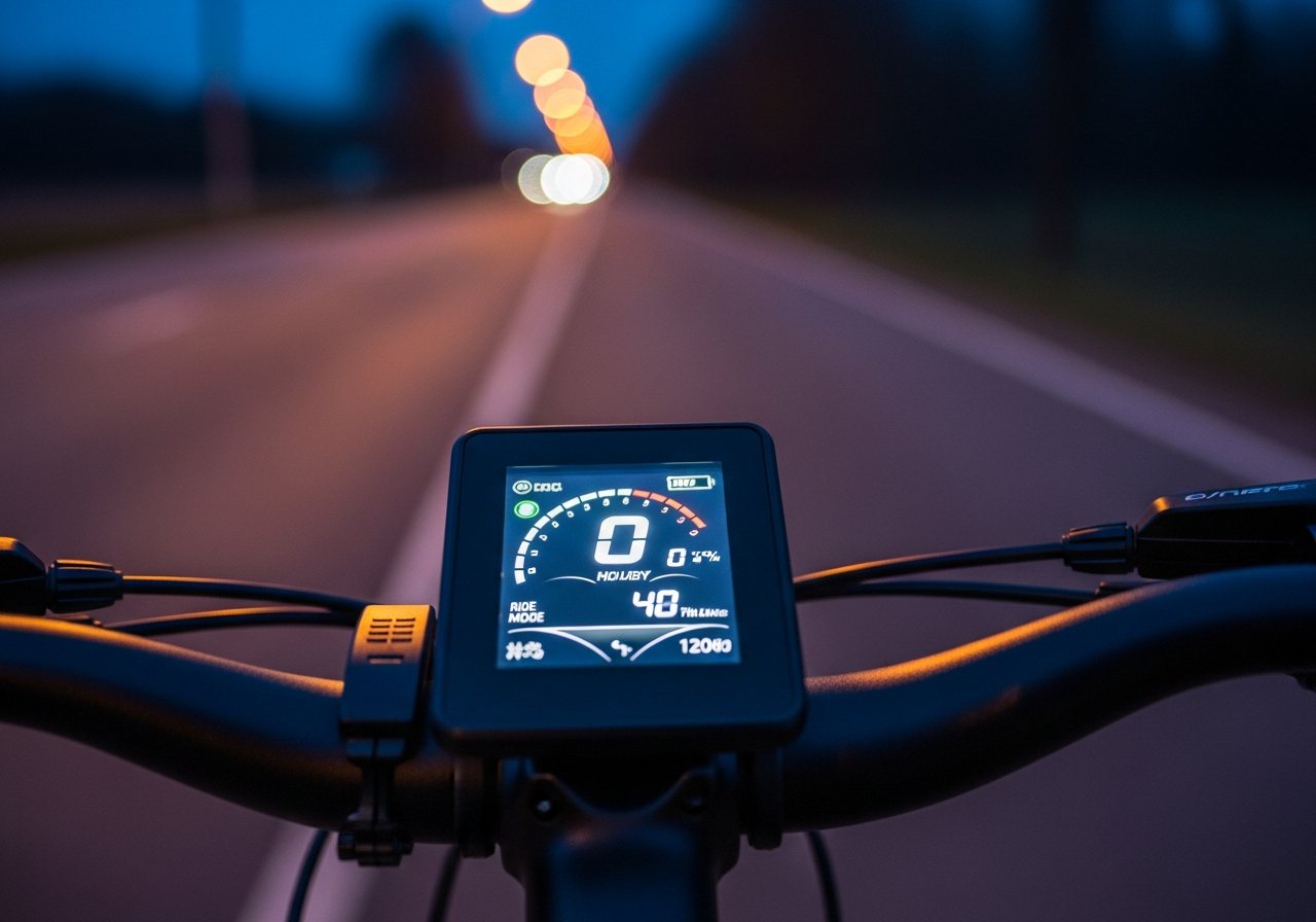 A handlebar-mounted electric bike display showing battery status at dusk