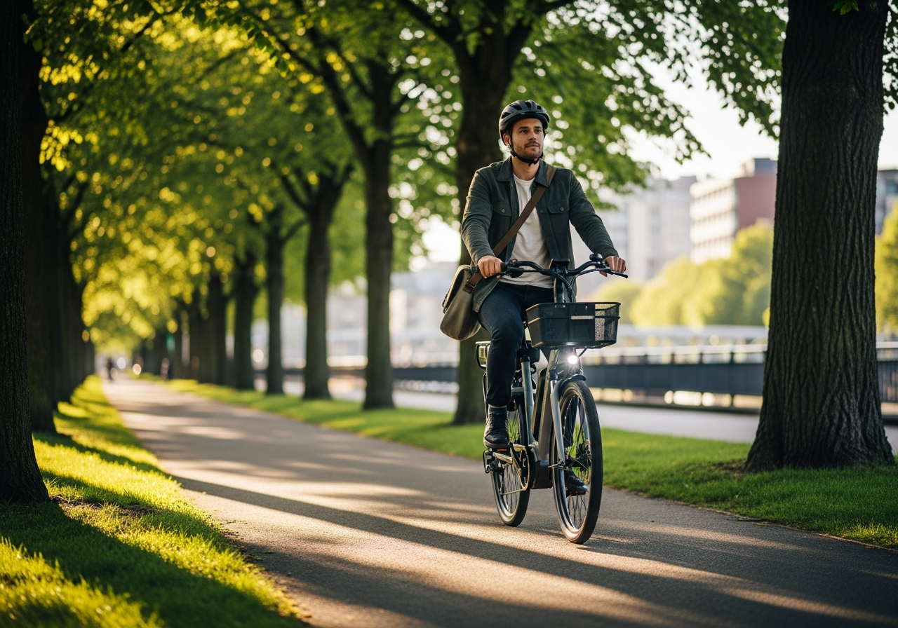 A relaxed rider cruising upright on an electric bike along a tree-lined path