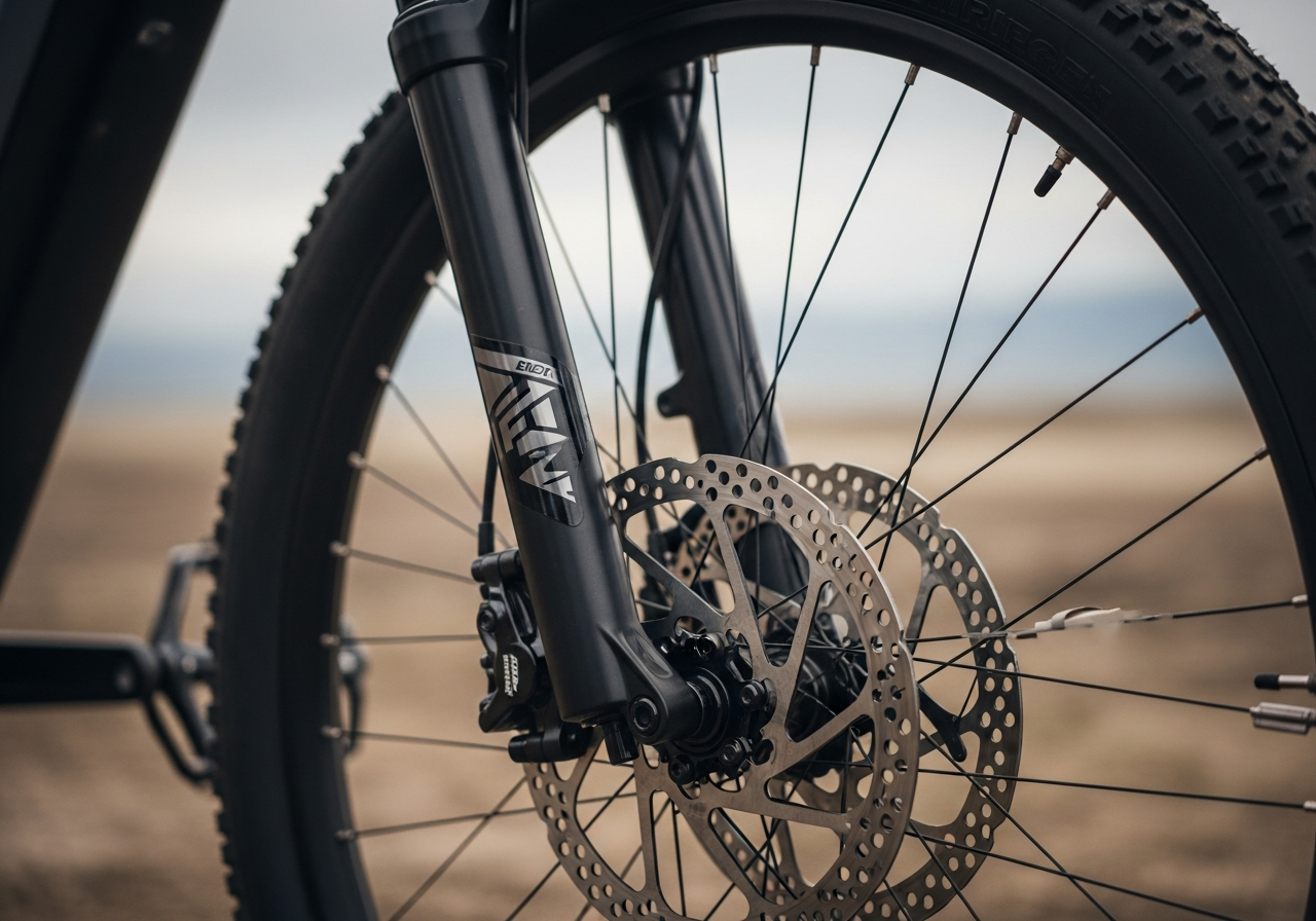 Detail of a suspension fork on an electric bike