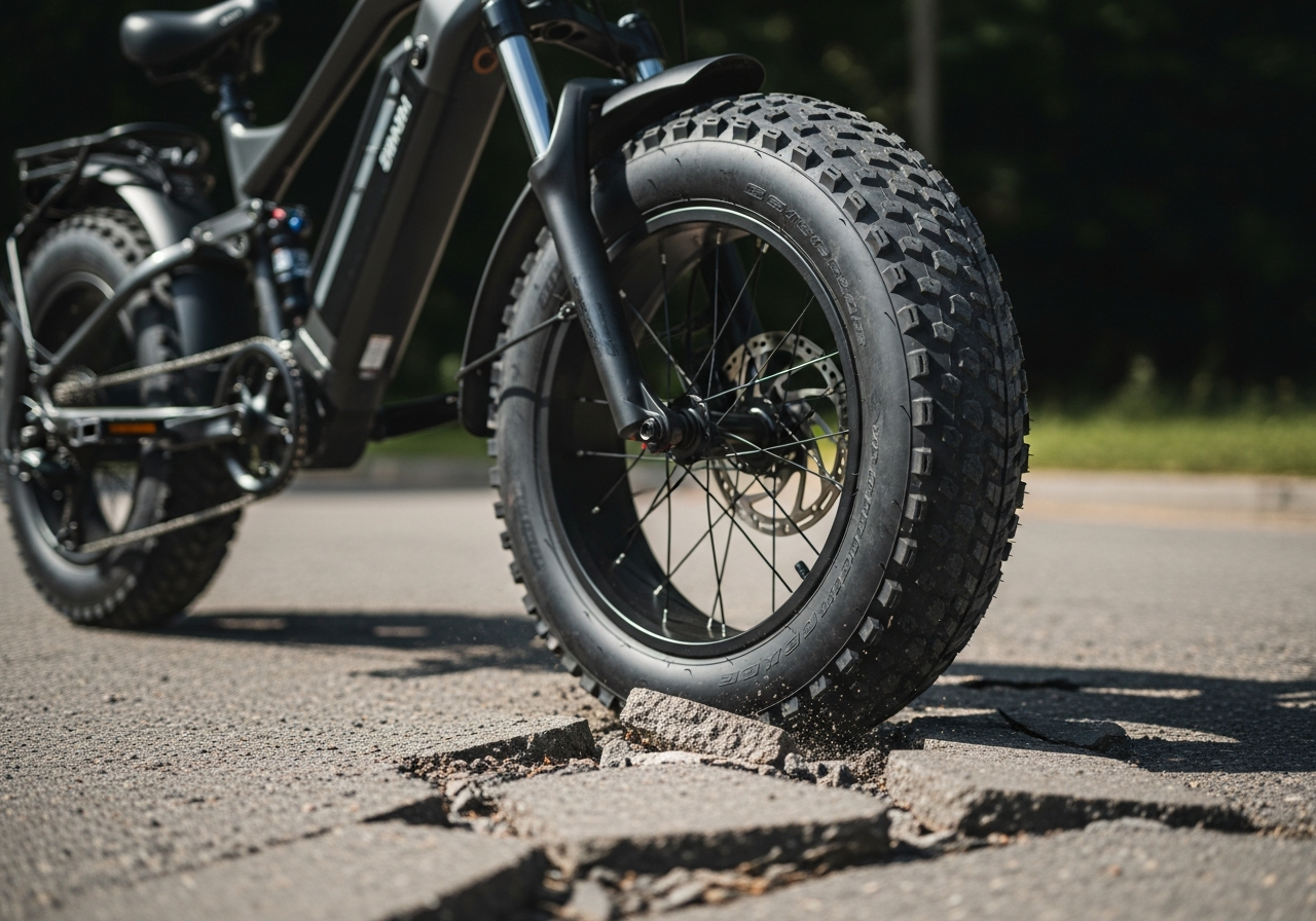 A wide high-volume electric bike tire rolling over rough pavement