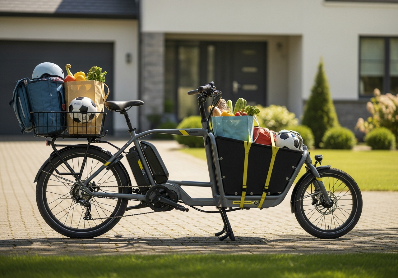 A cargo electric bike loaded with groceries and gear