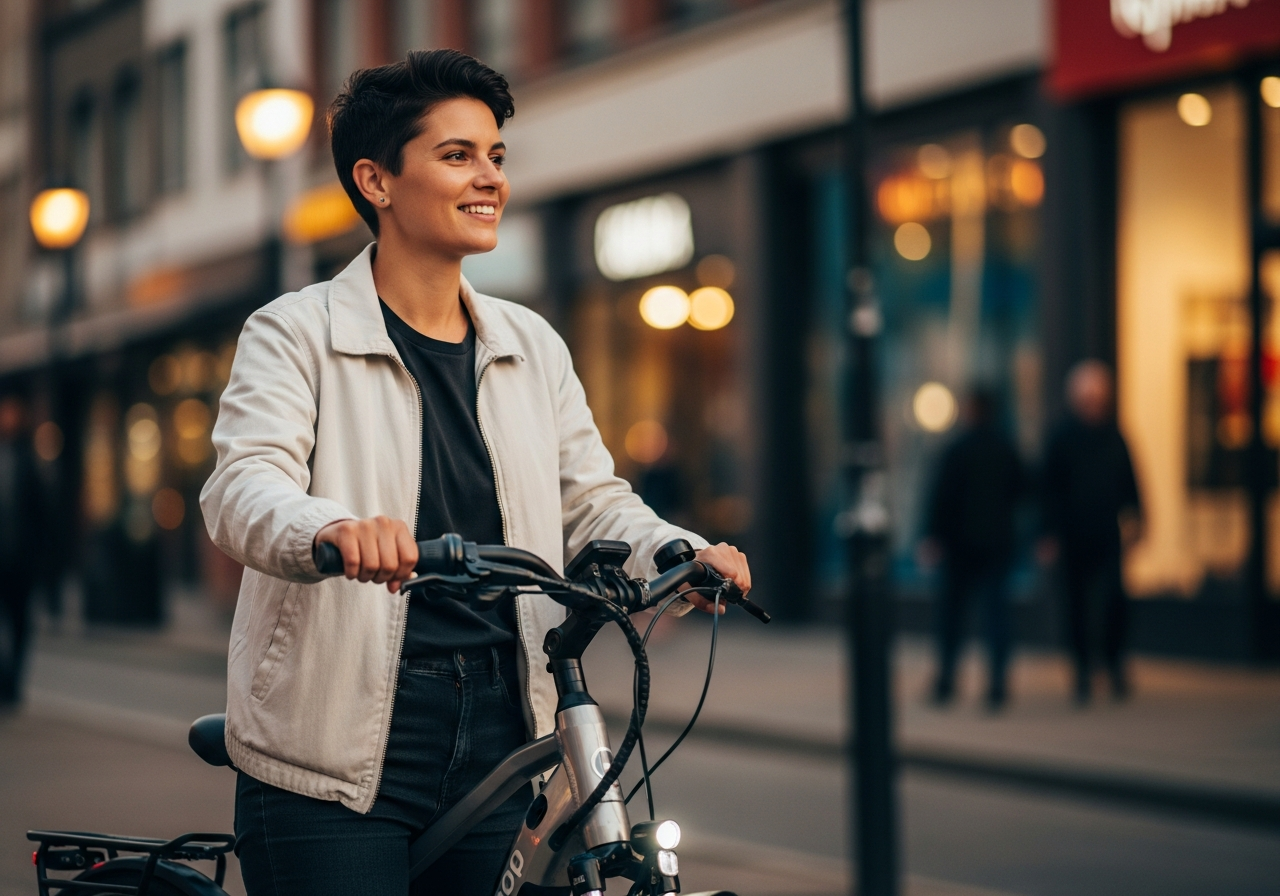 A satisfied commuter standing with their electric bike in the city