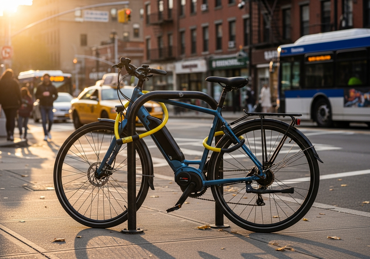 An electric bike locked to a rack on a city sidewalk